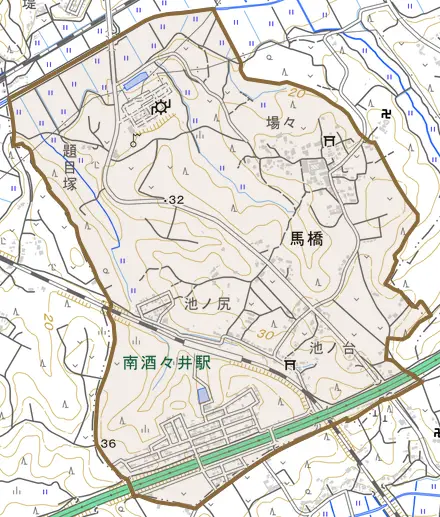 馬橋とその周辺の地図。町の範囲を重ねている