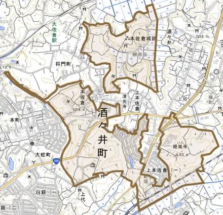 本佐倉とその周辺の地図。町の範囲を重ねている