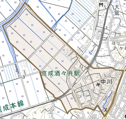 中川とその周辺の地図。町の範囲を重ねている