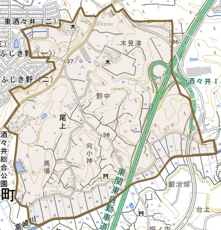 尾上とその周辺の地図。町の範囲を重ねている