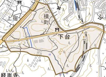 下台とその周辺の地図。町の範囲を重ねている