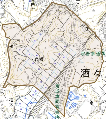 下岩橋とその周辺の地図。町の範囲を重ねている