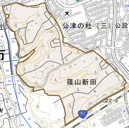 篠山新田とその周辺の地図。町の範囲を重ねている