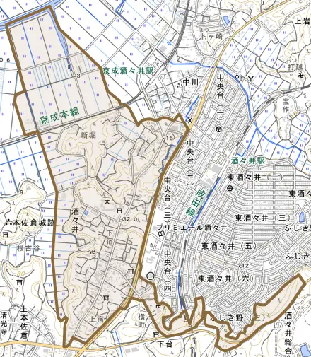酒々井とその周辺の地図。町の範囲を重ねている