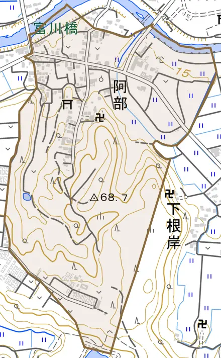 阿部とその周辺の地図。町の範囲を重ねている