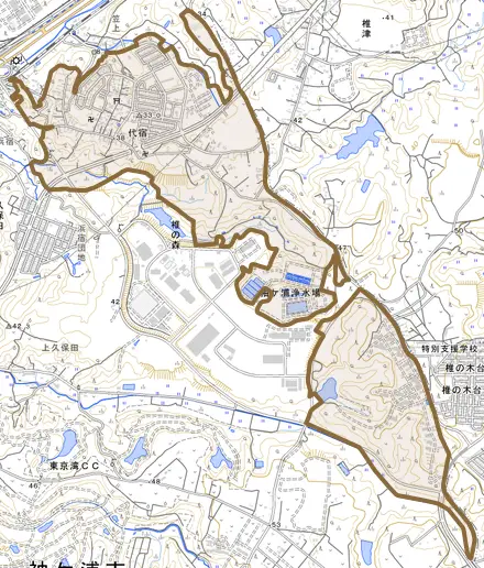 代宿とその周辺の地図。町の範囲を重ねている