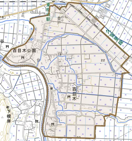 百目木とその周辺の地図。町の範囲を重ねている