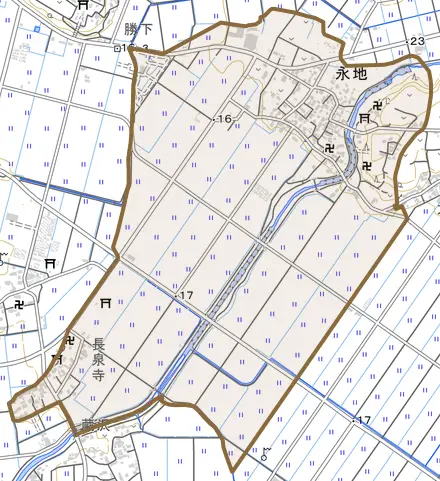 永地とその周辺の地図。町の範囲を重ねている