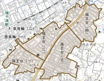 福王台とその周辺の地図。町の範囲を重ねている
