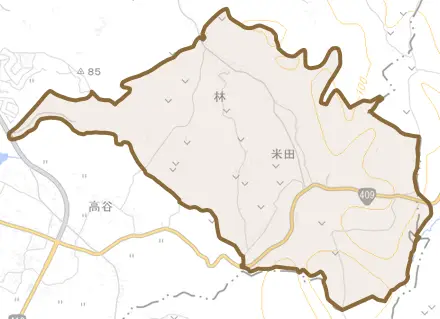 林とその周辺の地図。町の範囲を重ねている