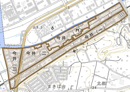 今井とその周辺の地図。町の範囲を重ねている