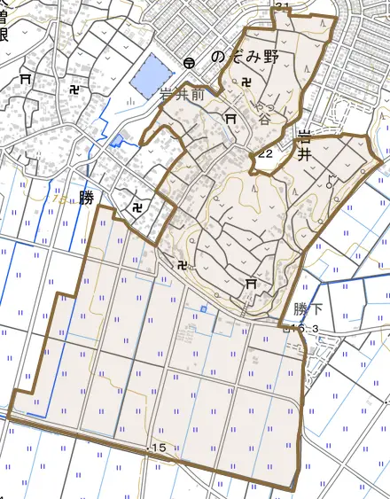 岩井とその周辺の地図。町の範囲を重ねている