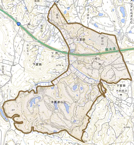上宮田とその周辺の地図。町の範囲を重ねている