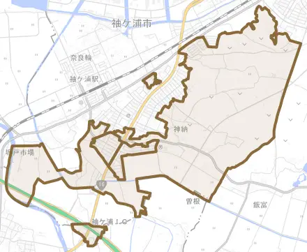 神納とその周辺の地図。町の範囲を重ねている