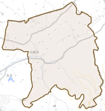 川原井とその周辺の地図。町の範囲を重ねている