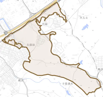 久保田とその周辺の地図。町の範囲を重ねている