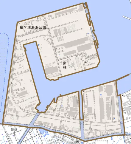 南袖とその周辺の地図。町の範囲を重ねている