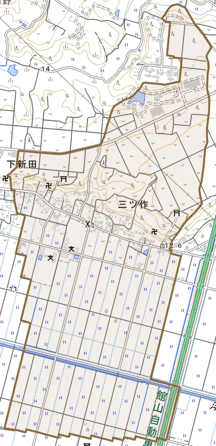 三ツ作とその周辺の地図。町の範囲を重ねている