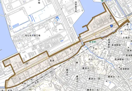 長浦とその周辺の地図。町の範囲を重ねている