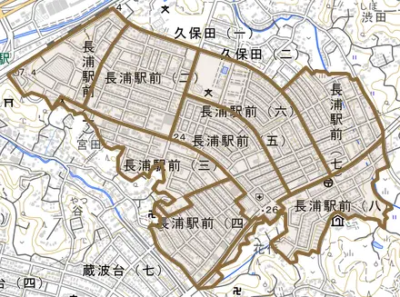 長浦駅前とその周辺の地図。町の範囲を重ねている
