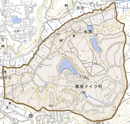 永吉とその周辺の地図。町の範囲を重ねている