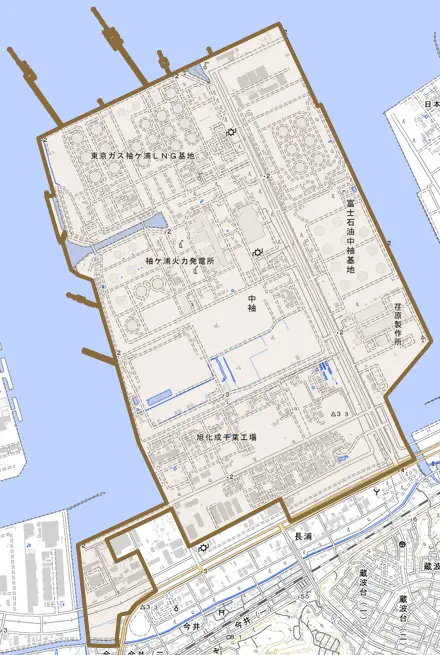中袖とその周辺の地図。町の範囲を重ねている