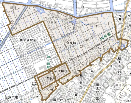 奈良輪とその周辺の地図。町の範囲を重ねている
