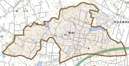 野田とその周辺の地図。町の範囲を重ねている