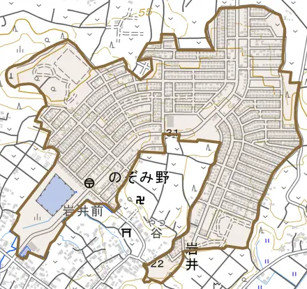 のぞみ野とその周辺の地図。町の範囲を重ねている