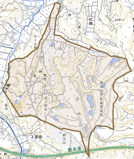 大竹とその周辺の地図。町の範囲を重ねている
