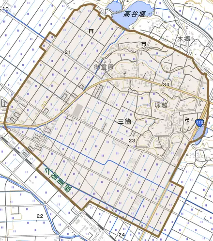 三箇とその周辺の地図。町の範囲を重ねている