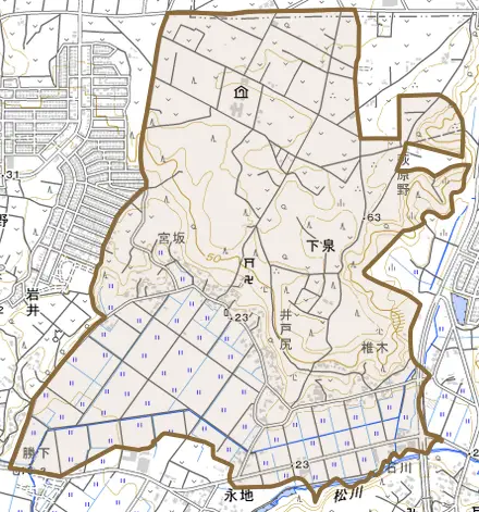 下泉とその周辺の地図。町の範囲を重ねている