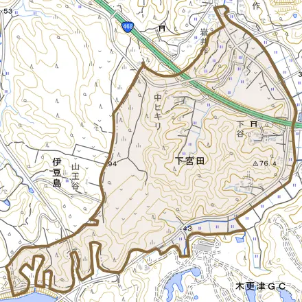 下宮田とその周辺の地図。町の範囲を重ねている