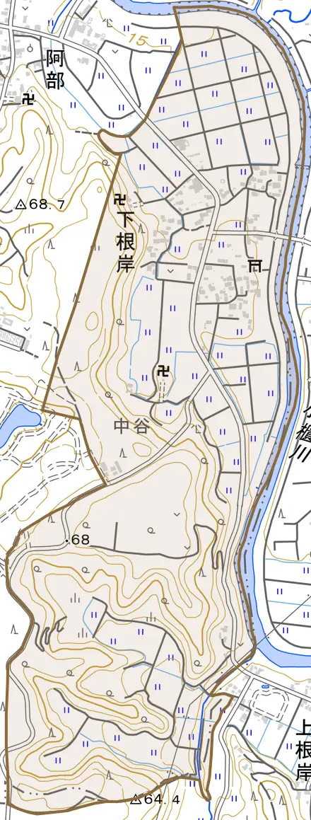 下根岸とその周辺の地図。町の範囲を重ねている