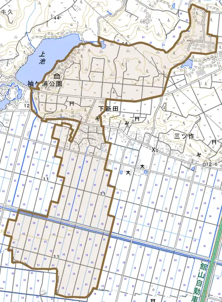 下新田とその周辺の地図。町の範囲を重ねている