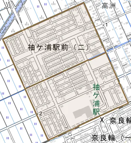 袖ケ浦駅前とその周辺の地図。町の範囲を重ねている