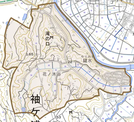 滝の口とその周辺の地図。町の範囲を重ねている
