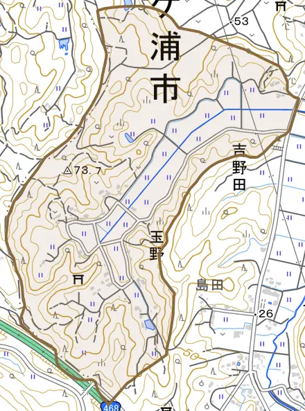 玉野とその周辺の地図。町の範囲を重ねている