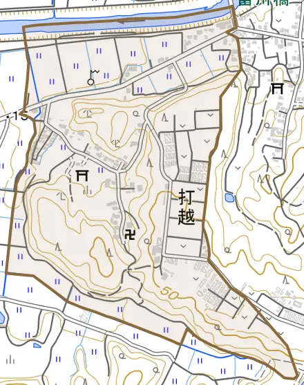 打越とその周辺の地図。町の範囲を重ねている