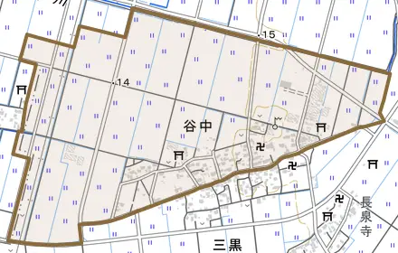 谷中とその周辺の地図。町の範囲を重ねている