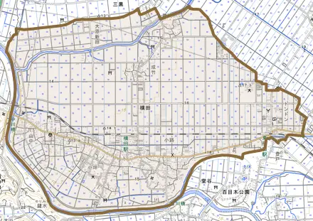 横田とその周辺の地図。町の範囲を重ねている