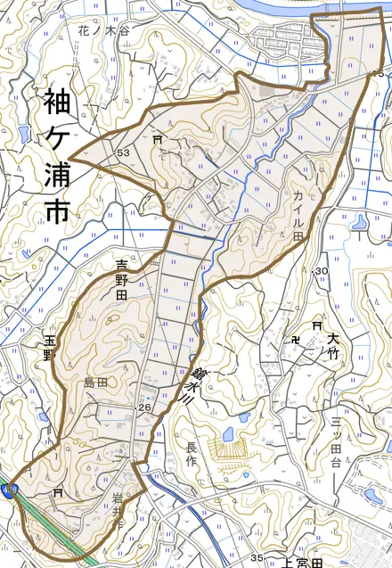 吉野田とその周辺の地図。町の範囲を重ねている