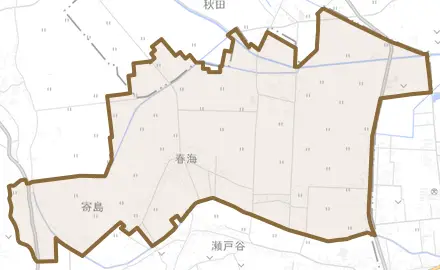 春海とその周辺の地図。町の範囲を重ねている