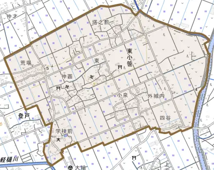 東小笹とその周辺の地図。町の範囲を重ねている