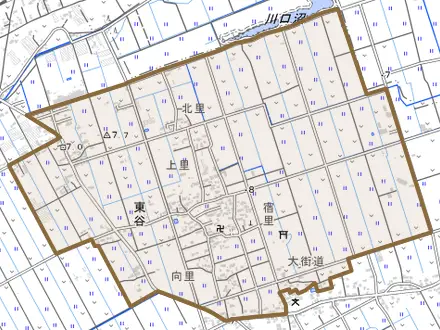 東谷とその周辺の地図。町の範囲を重ねている