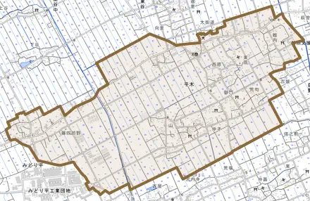平木とその周辺の地図。町の範囲を重ねている