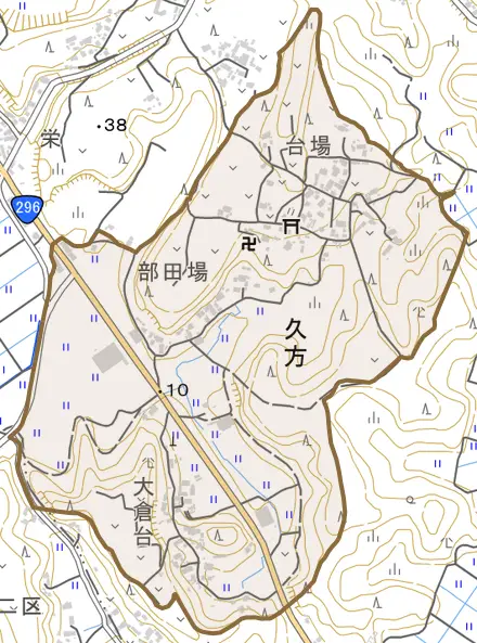 久方とその周辺の地図。町の範囲を重ねている