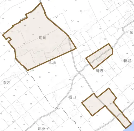 堀川とその周辺の地図。町の範囲を重ねている