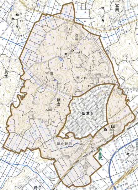 飯倉とその周辺の地図。町の範囲を重ねている