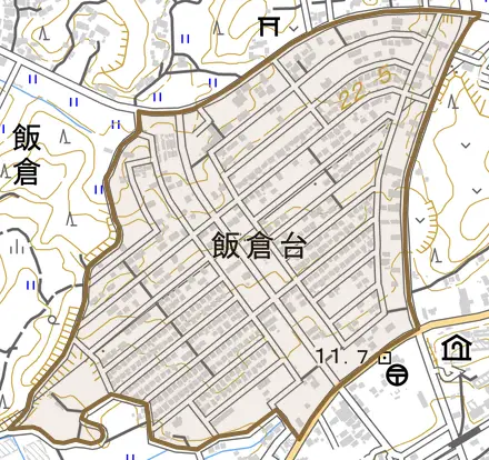 飯倉台とその周辺の地図。町の範囲を重ねている